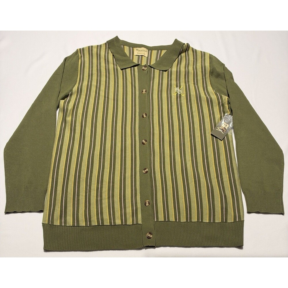 Barstool Golf Sweater Cardigan Olive Green Stripes Button Long Sleeve NWT New